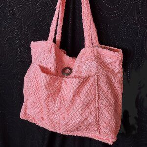 20" Pink Crochet Lace Tote Bag - Upcycled OOAK